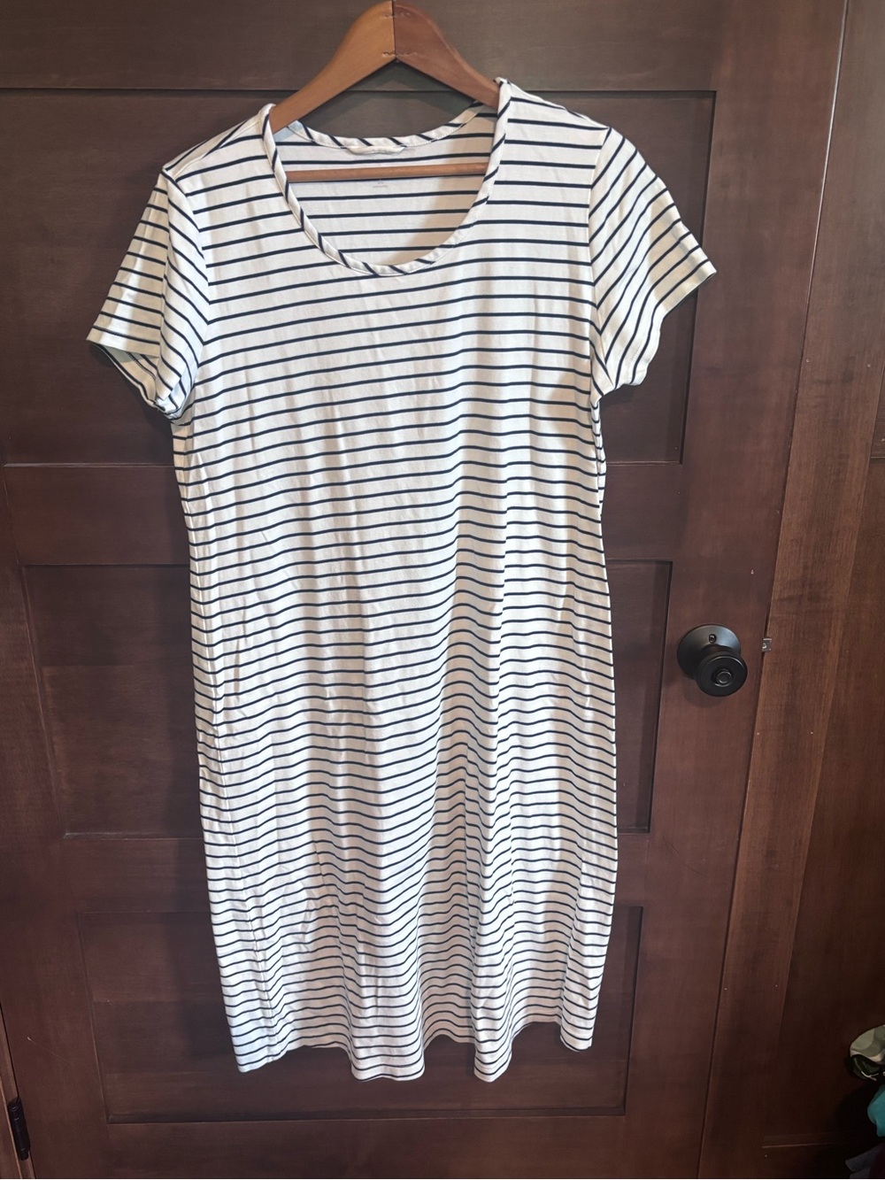 Lands' End White Midi Tee Dress with Navy Stripes